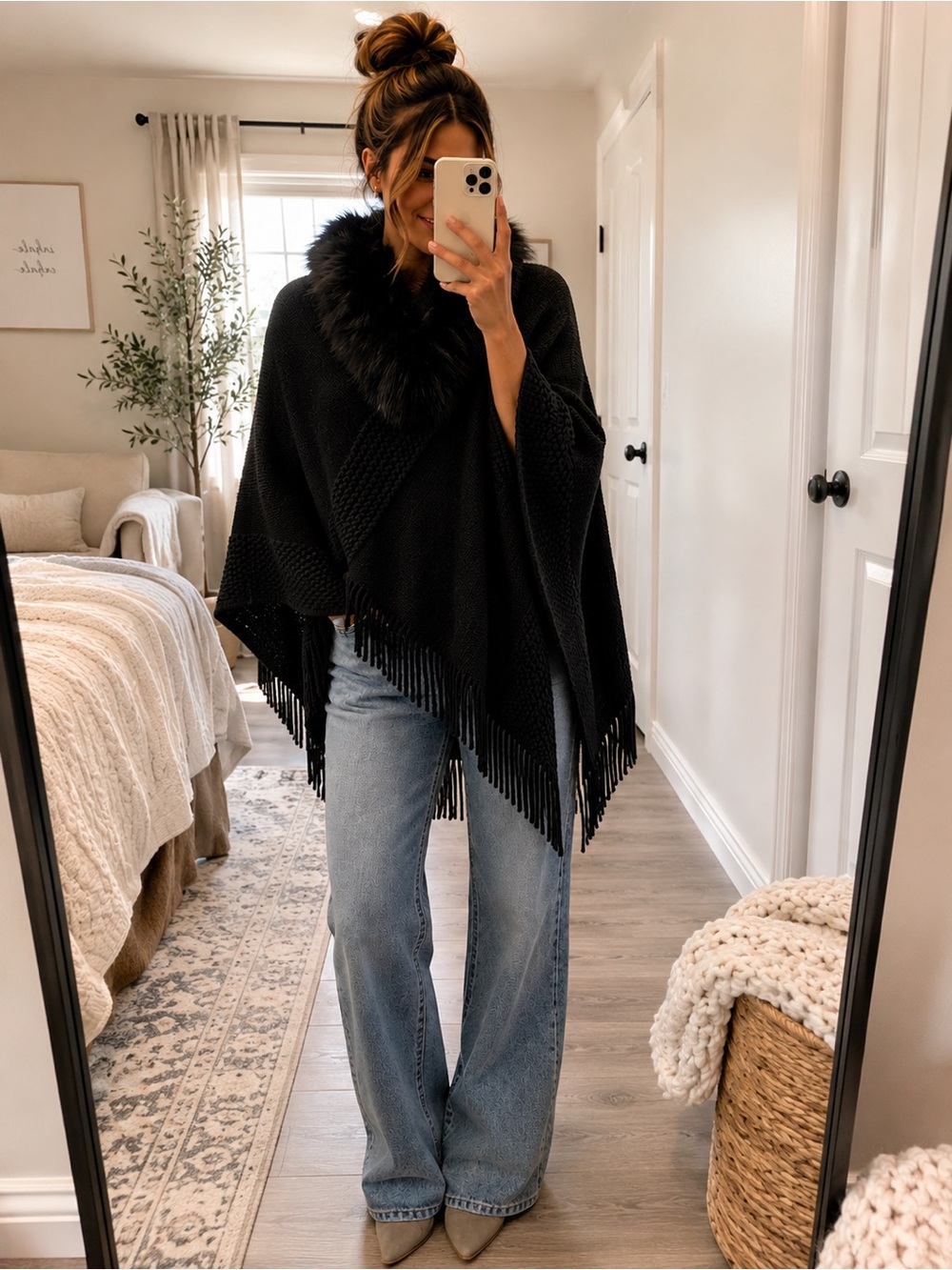 Black Faux-Fur Collar Knit Poncho Sweater